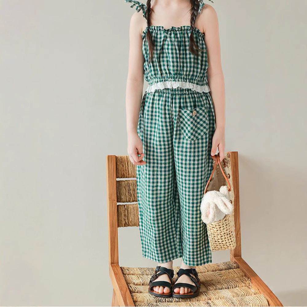 Girls' Casual Plaid Sleeveless Tank Top amp; Long Pants 2-Piece Set for Summer, Loose Fit Kids' Outfit