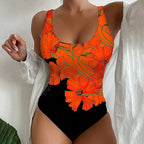 Orange flower print shoulder strap for women one-piece swimsuit for women