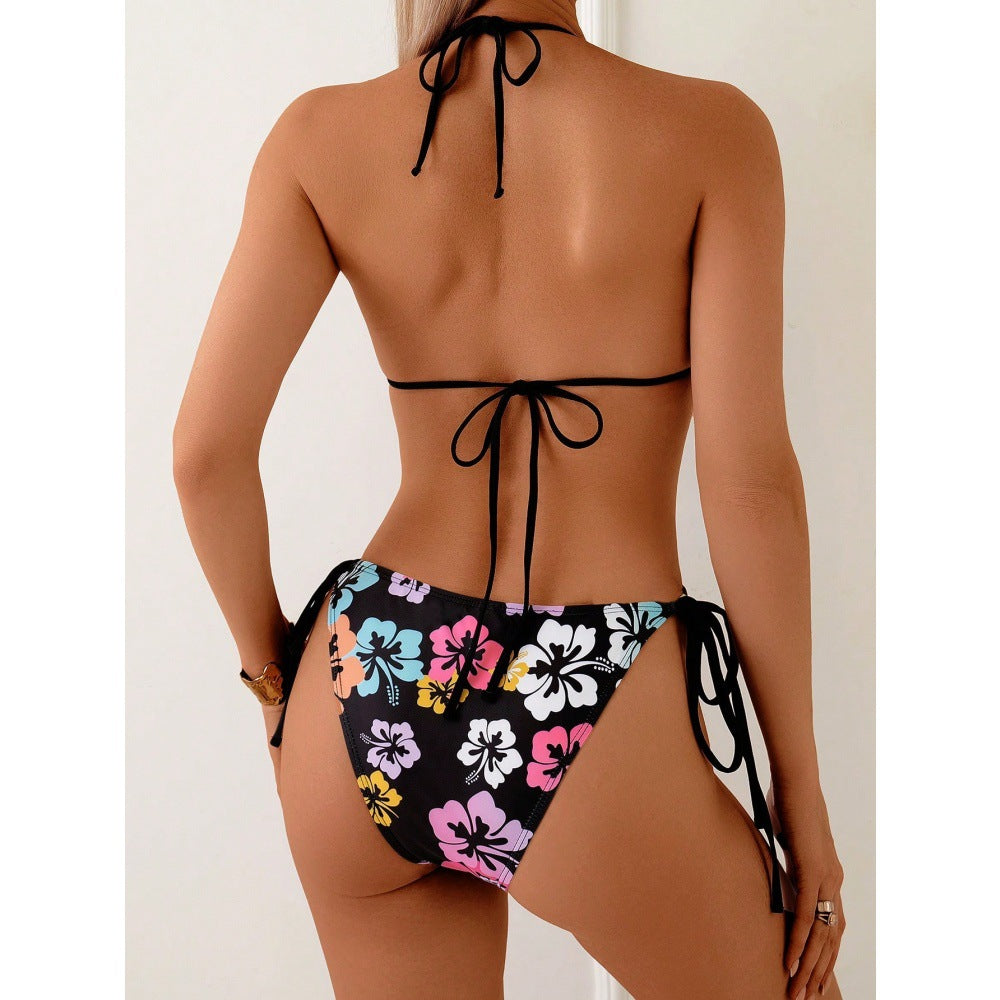 Flower print sexy backless drawstring hollow women's one-piece swimsuit