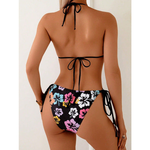 Flower print sexy backless drawstring hollow women's one-piece swimsuit