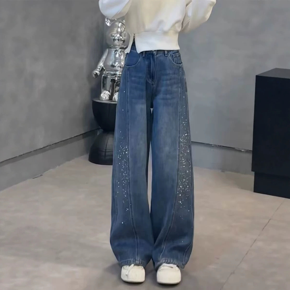 Retro Rhinestone Decorated Wide-Leg Jeans Women