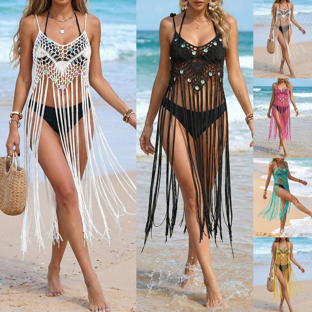 Hand-crocheted Strap Dress Vacation Long Fringe Bikini Cover-up for Women