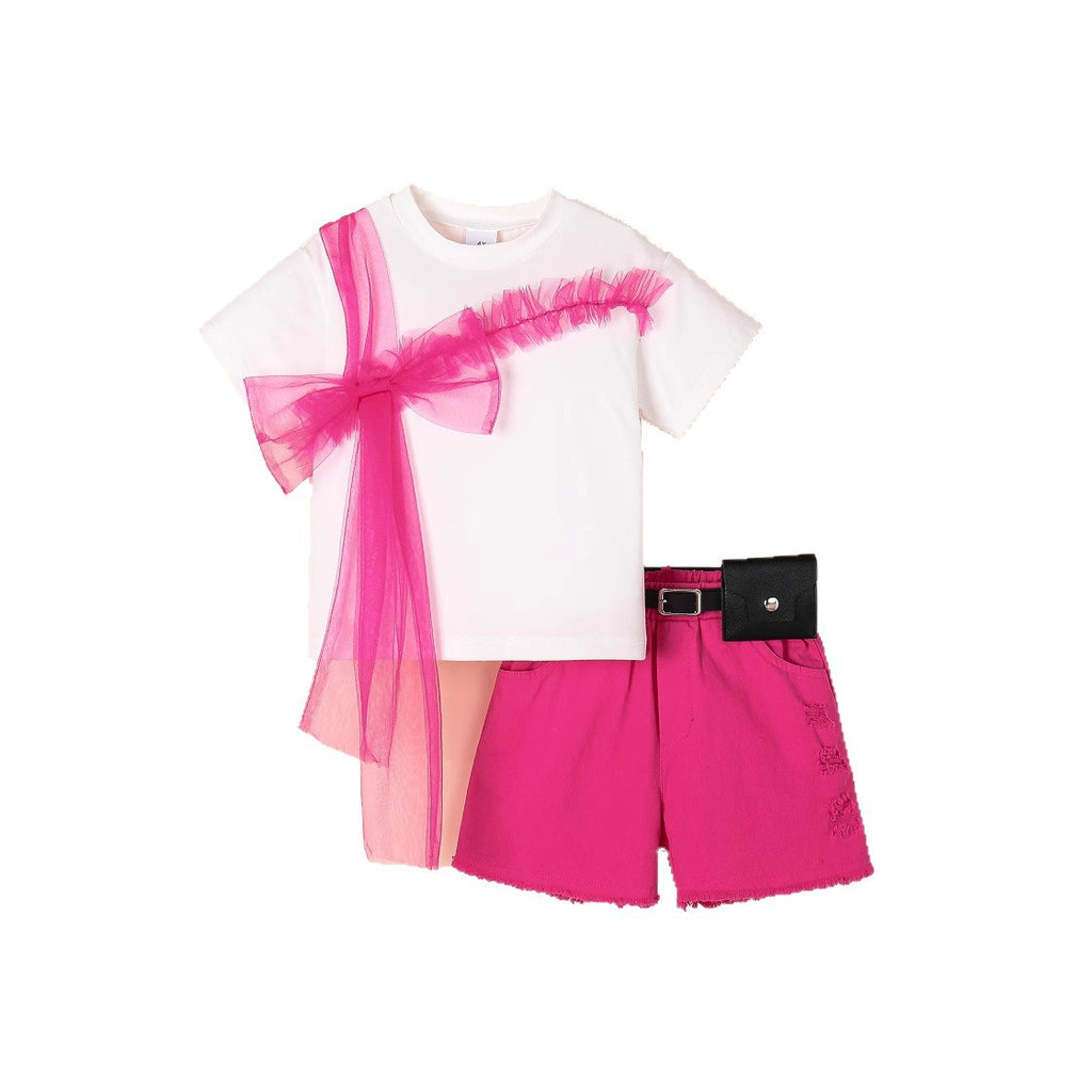 Short sleeved T-shirt denim shorts belt set