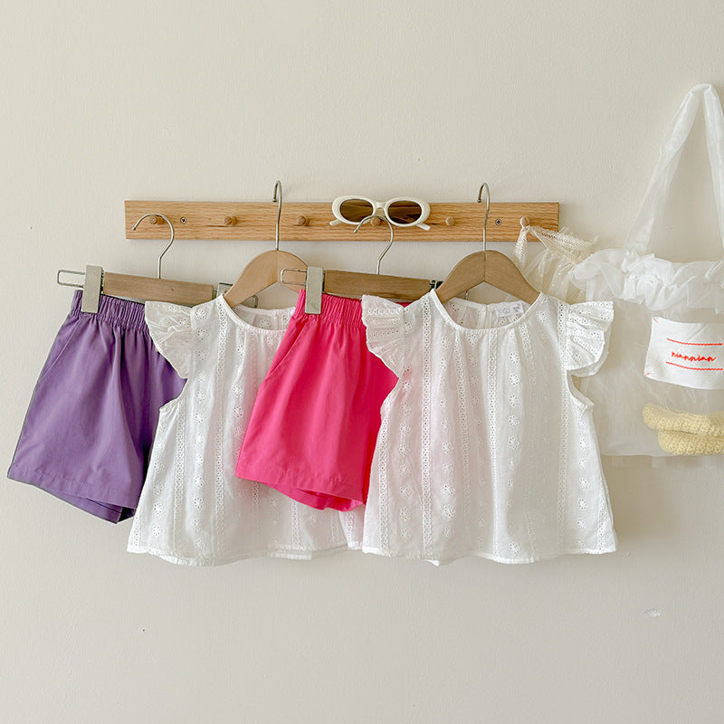 Girls' Summer  Flutter Sleeve Hollow-Out Cotton Princess A-Line Shirt Shorts Set