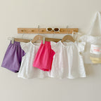Girls' Summer  Flutter Sleeve Hollow-Out Cotton Princess A-Line Shirt Shorts Set