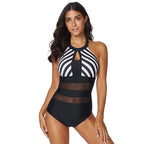 Export Sexy High-neck Striped One-piece Swimsuit for Women with Mesh Splicing, Deep Backless Design