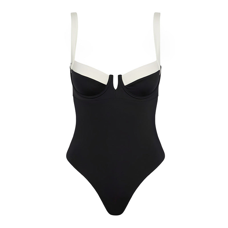 Steel support hard bag one-piece swimsuit color blocking