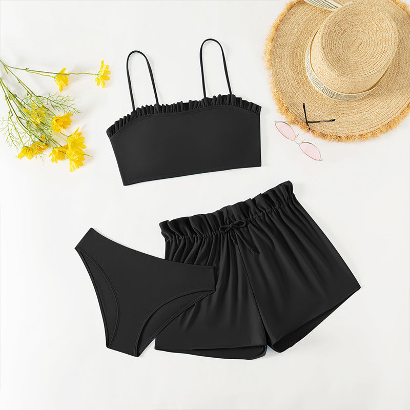 Solid Color Ruffle Separated Swimwear Set for Girls, Three-Piece Bathing Suit for Middle and Large Kids