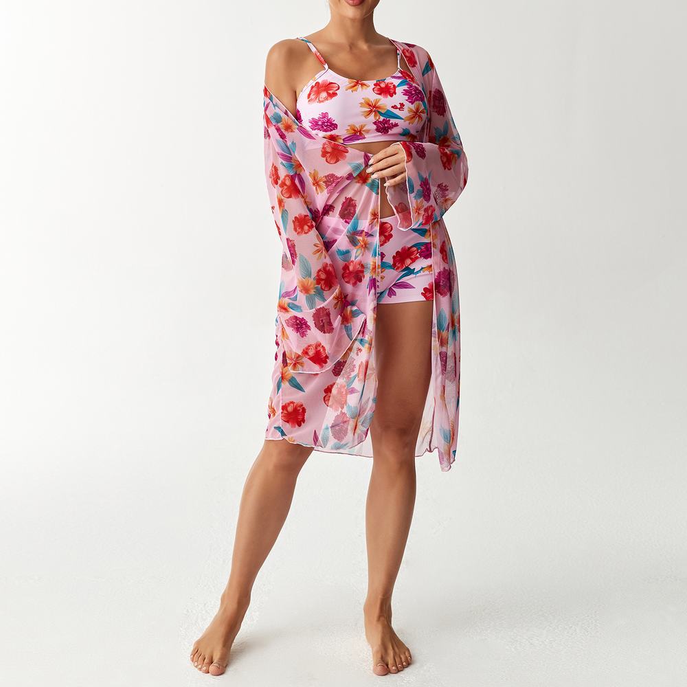 Bikini split three piece flat corner printed floral cover swimsuit