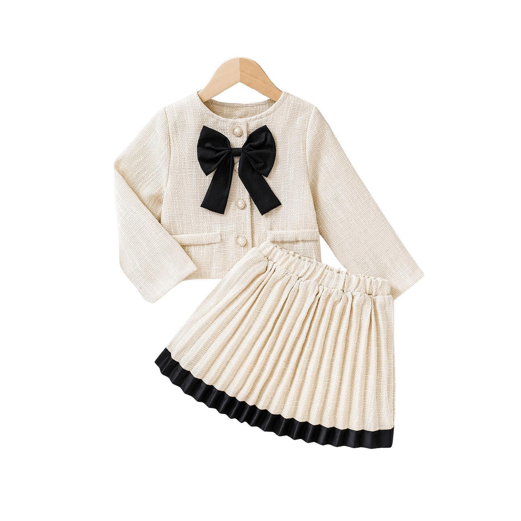 Bow coat pleated skirt set