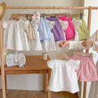 Girls' Summer  Flutter Sleeve Hollow-Out Cotton Princess A-Line Shirt Shorts Set