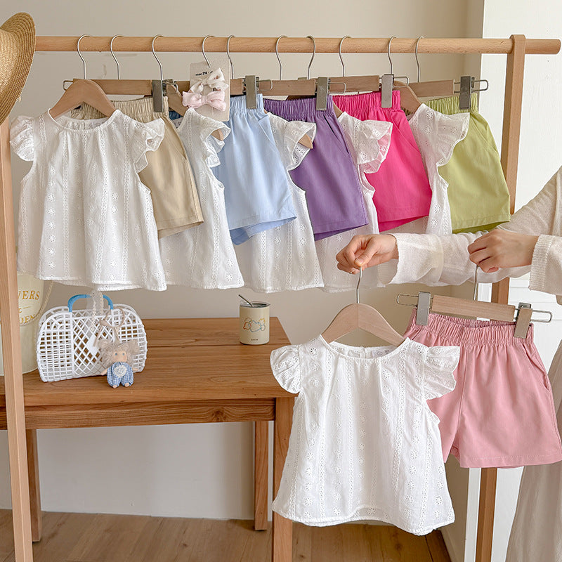 Girls' Summer  Flutter Sleeve Hollow-Out Cotton Princess A-Line Shirt Shorts Set