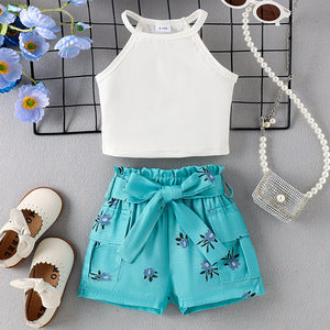 Lace neck top printed shorts set