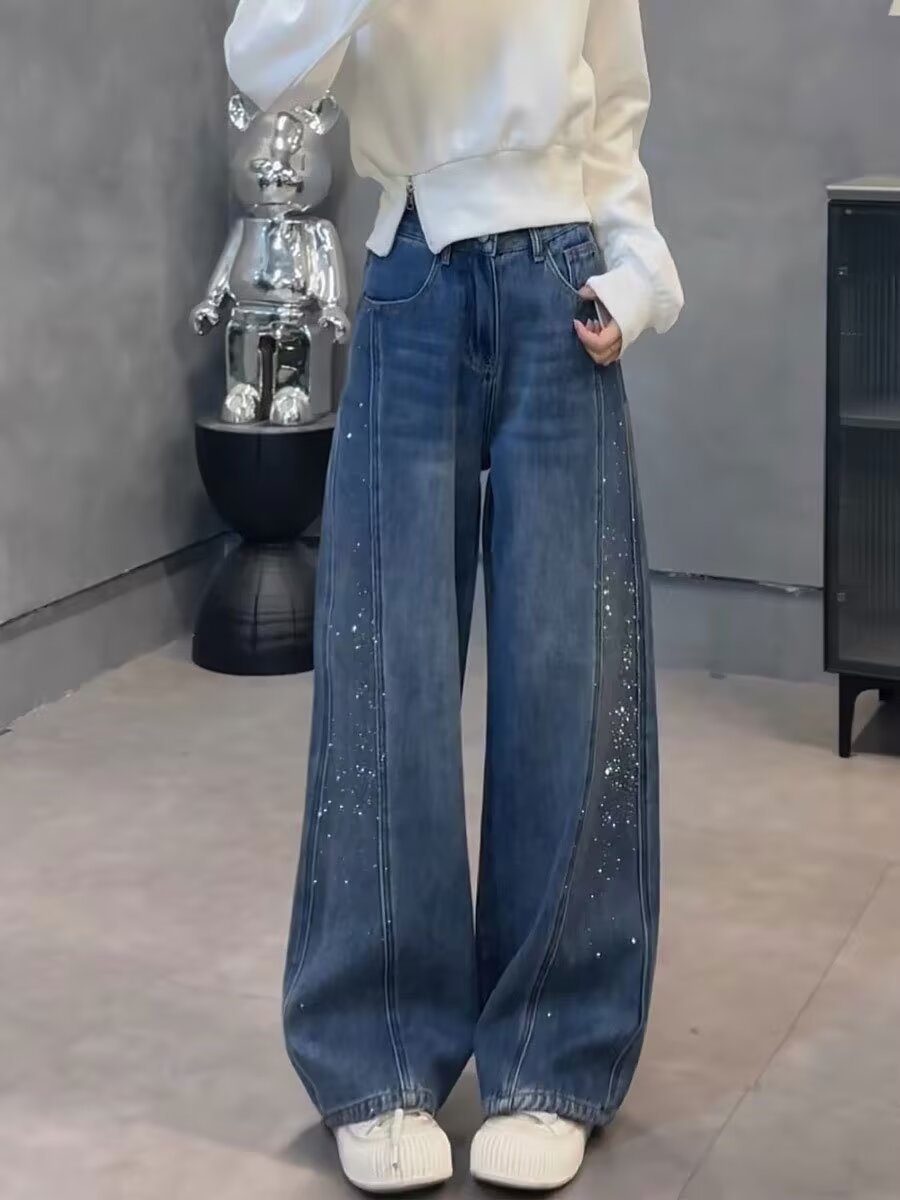 Retro Rhinestone Decorated Wide-Leg Jeans Women