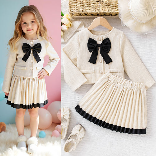 Bow coat pleated skirt set