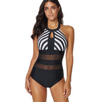 Export Sexy High-neck Striped One-piece Swimsuit for Women with Mesh Splicing, Deep Backless Design