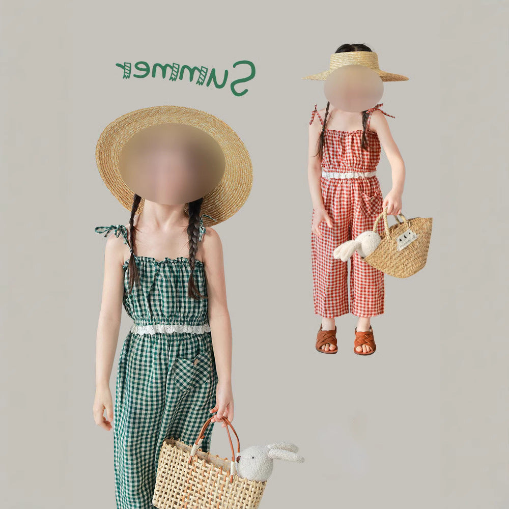 Girls' Casual Plaid Sleeveless Tank Top amp; Long Pants 2-Piece Set for Summer, Loose Fit Kids' Outfit