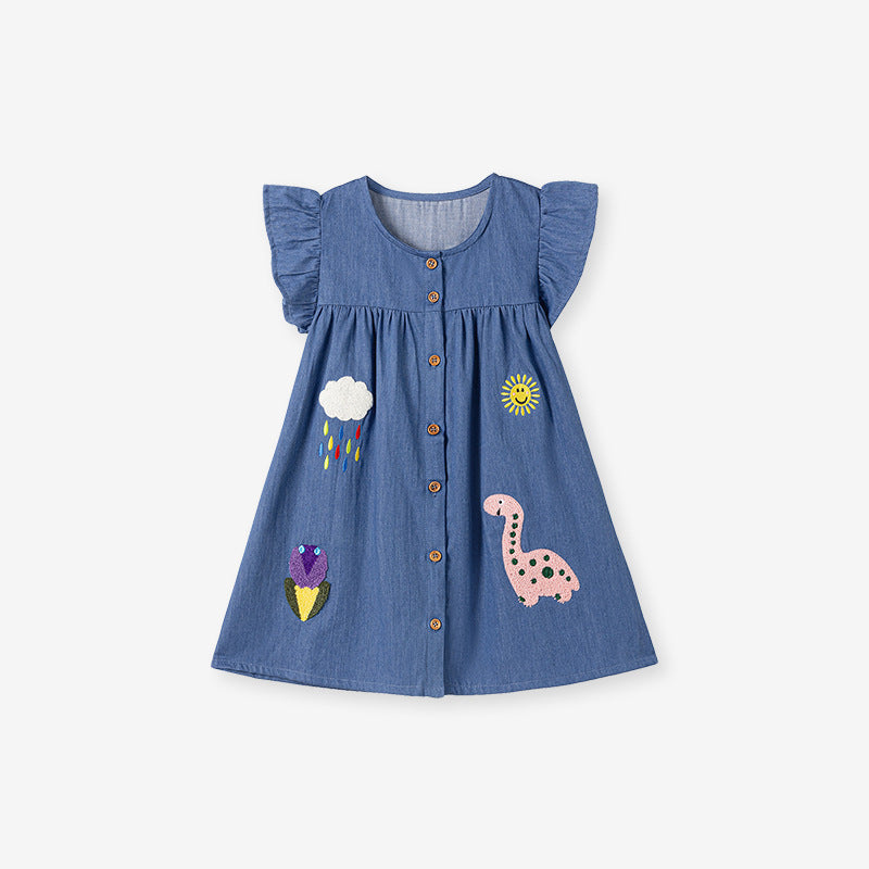 Girls' Short Sleeve Denim Dress Summer Kids Dress with Applique Cartoon Fashion Children's Dress
