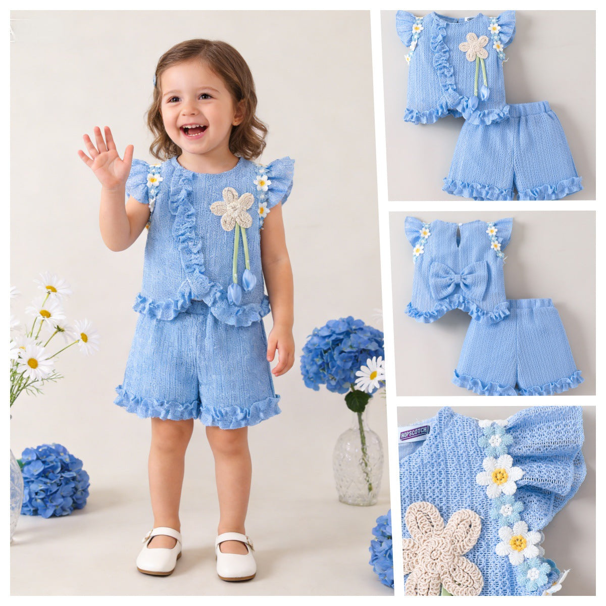 Sleeveless flower short sleeved shorts children's clothing set