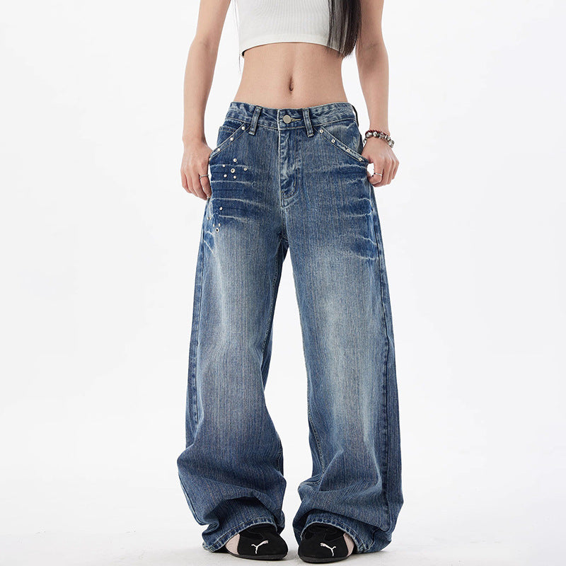 Retro Rivet Wide Leg Jeans for Women Slimming Loose Straight Jeans