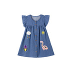 Girls' Short Sleeve Denim Dress Summer Kids Dress with Applique Cartoon Fashion Children's Dress