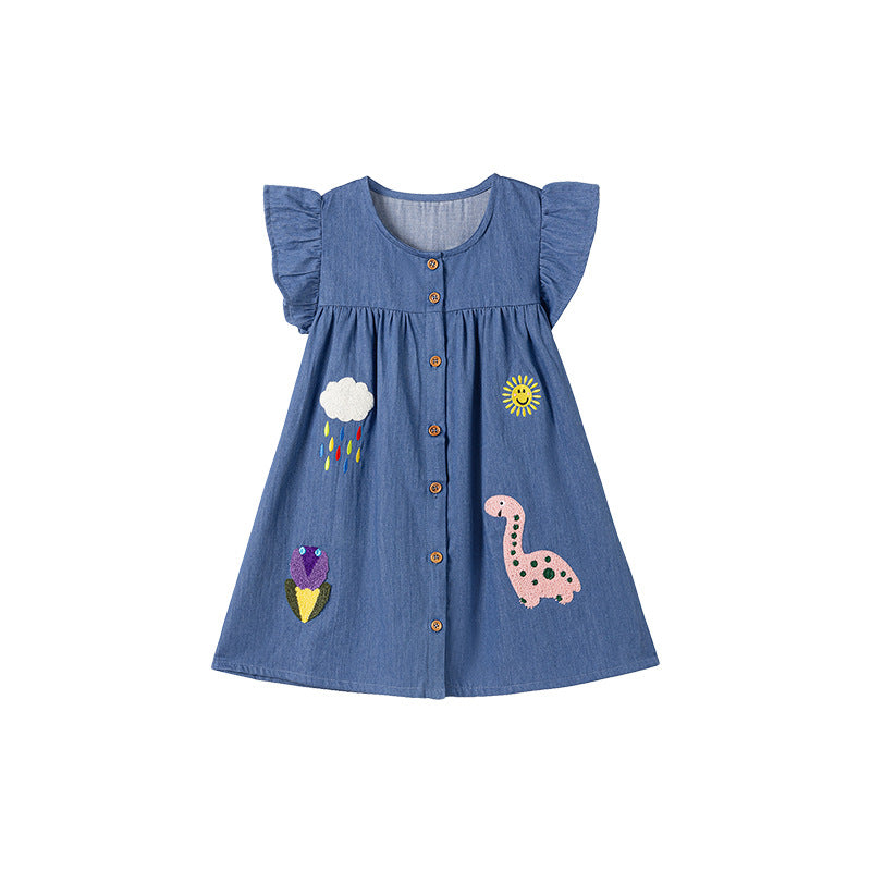 Girls' Short Sleeve Denim Dress Summer Kids Dress with Applique Cartoon Fashion Children's Dress