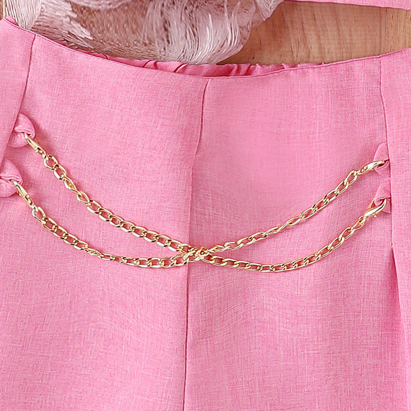 Solid color bow vest with hanging chain shorts two-piece set