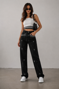 Jeans with Rhinestones Women High Waist Slimming Wide Leg Jeans  Jeans
