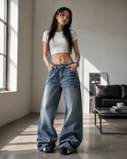 Retro Rivet Wide Leg Jeans for Women Slimming Loose Straight Jeans