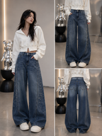 Retro Rhinestone Decorated Wide-Leg Jeans Women