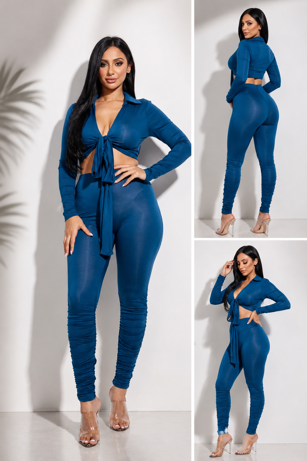 Solid Heavy Rayon Spandex Collared Tie Front Top And Ruched Pants Two Piece Set