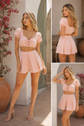 White & Orange Stripe Print Self-tie Short Sleeve Crop Top & High Waist Shorts Set