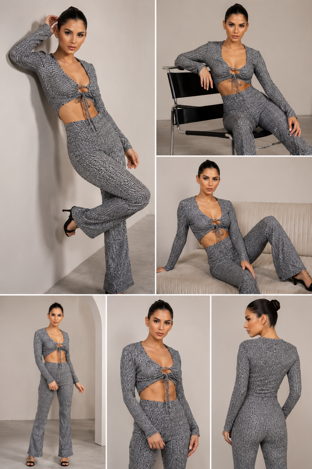 Plaid Cut-out Long Sleeve Top & Pants Set